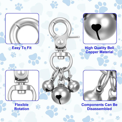 An overview of the complete eight piece silver pet training bells set demonstrating product packaging contents