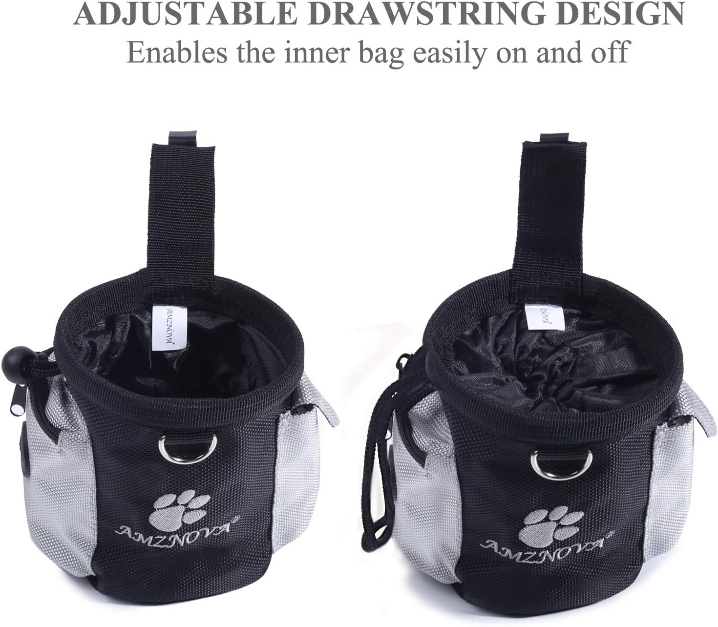 AMZNOVA snack fanny pack showing built-in exterior poop bag dispenser slot