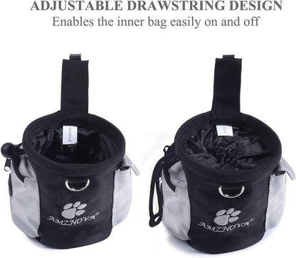 AMZNOVA snack fanny pack showing built-in exterior poop bag dispenser slot