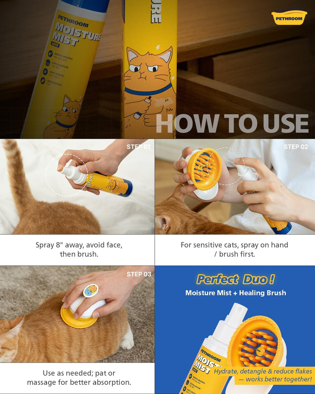 Safe to lick non-toxic cat fur moisturizer and grooming detangler mist