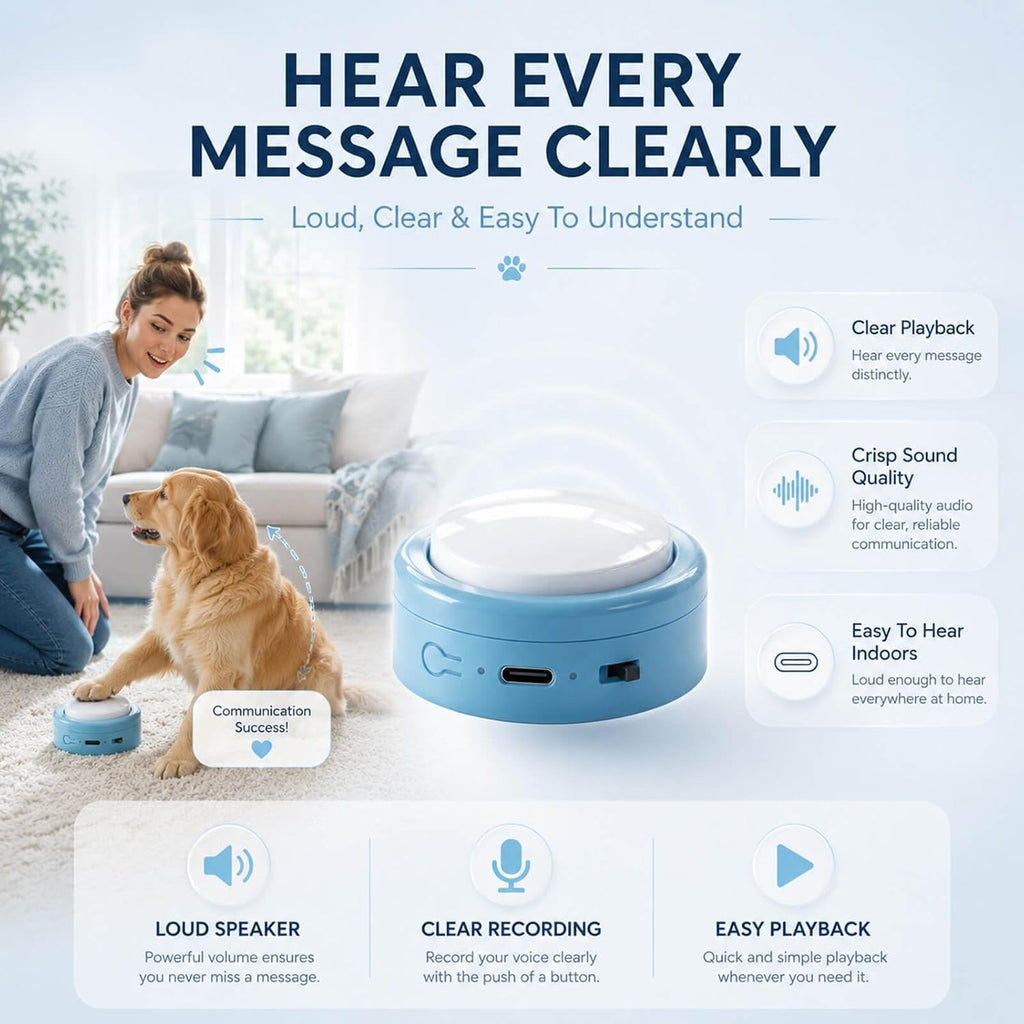 Close up view of the microphone and record button on animal communication buzzer