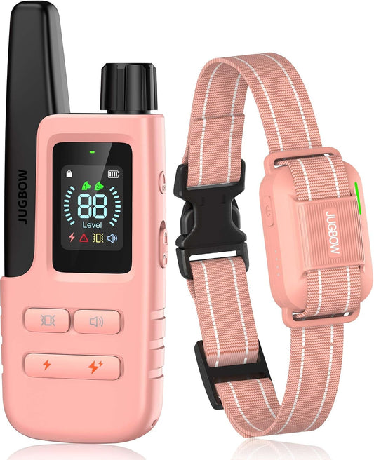 Jugbow electronic dog training collar in pink with remote control front view