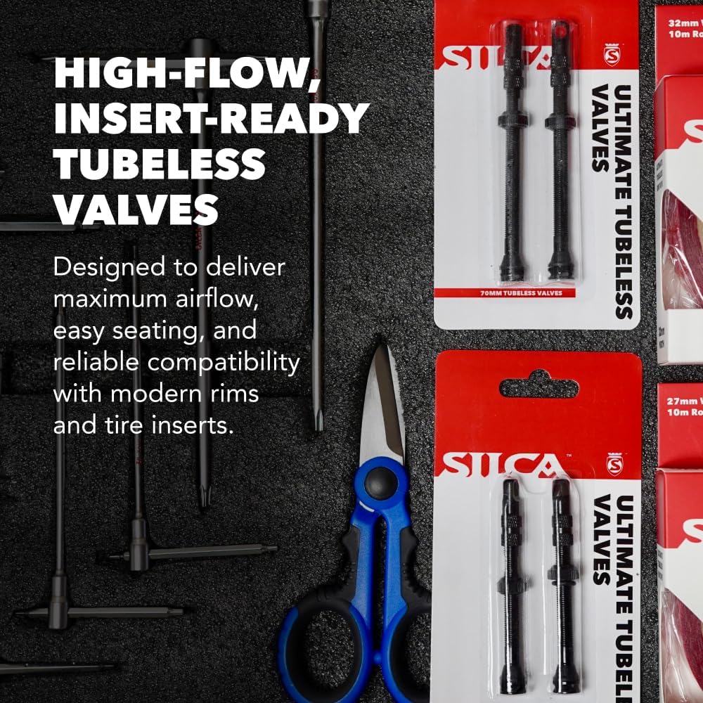 SILCA high flow presta valves black anodized finish showing the CNC machined aluminum design