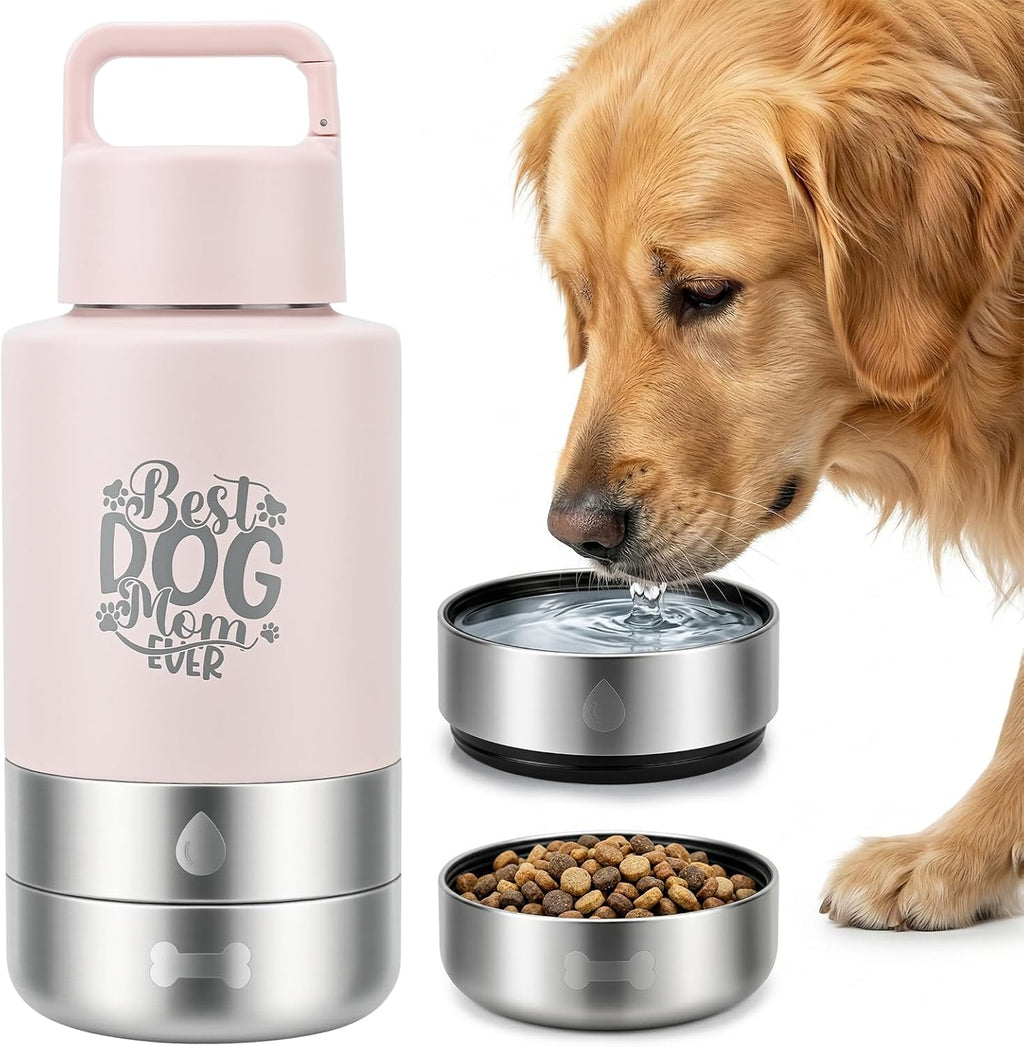 FUYEC insulated dog water bottle dispenser front view in light pink with text graphic