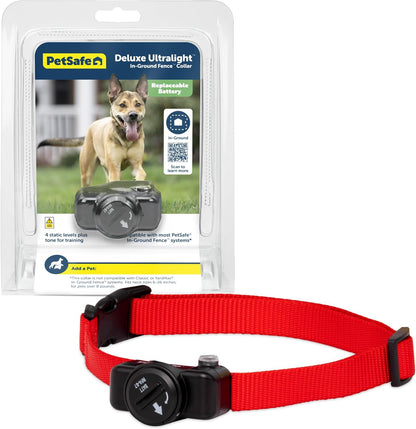 PetSafe Ultralight Pet Fence Receiver Collar front view showcasing the red nylon strap and waterproof receiver box.