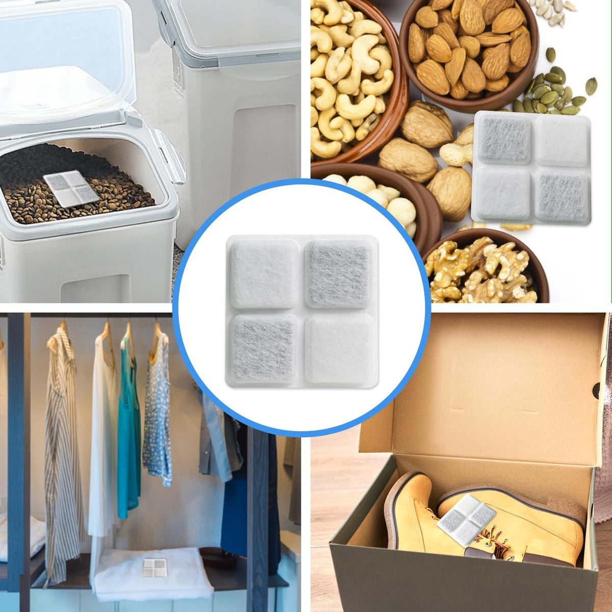 Diagram of Xuepett desiccant bag placement inside pet feeder lid