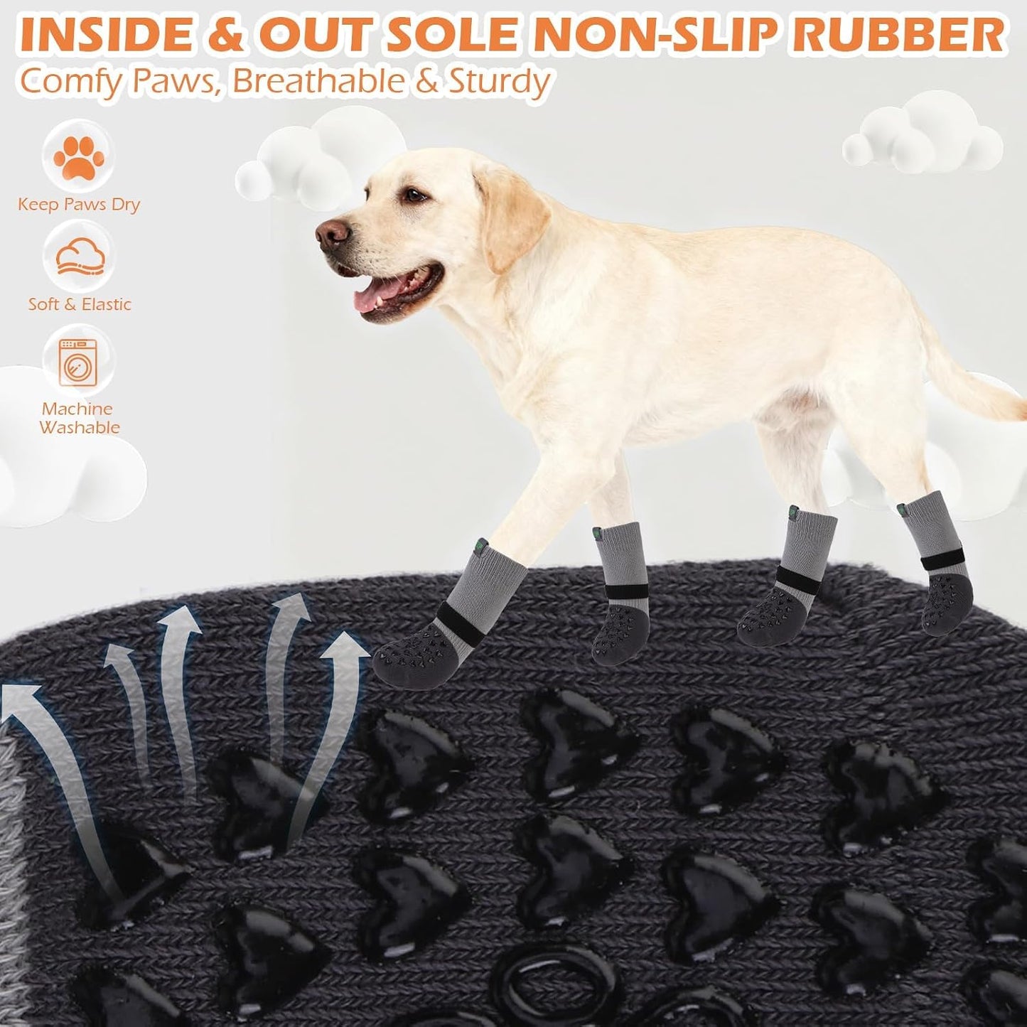 Side view of anti slip dog socks with velcro straps