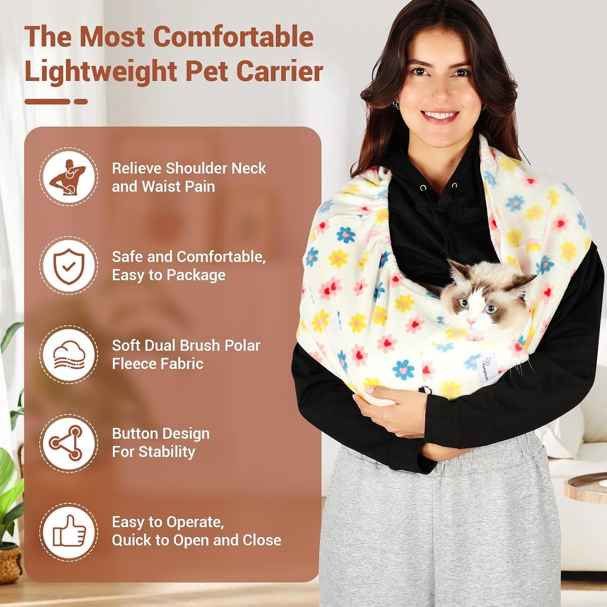 Hands-Free Cat Sling Carrier, Ultra-Soft Polar Fleece Pet Sling for Small Dogs & Cats 3-14 lbs, Machine Washable for Indoor Snuggling & Outdoor Use (Medium, Daisy) - Image 2