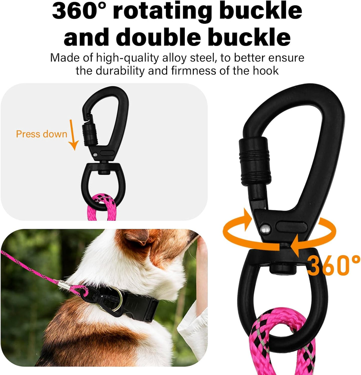 Wide soft padded handle on the pink alloy steel dog training leash