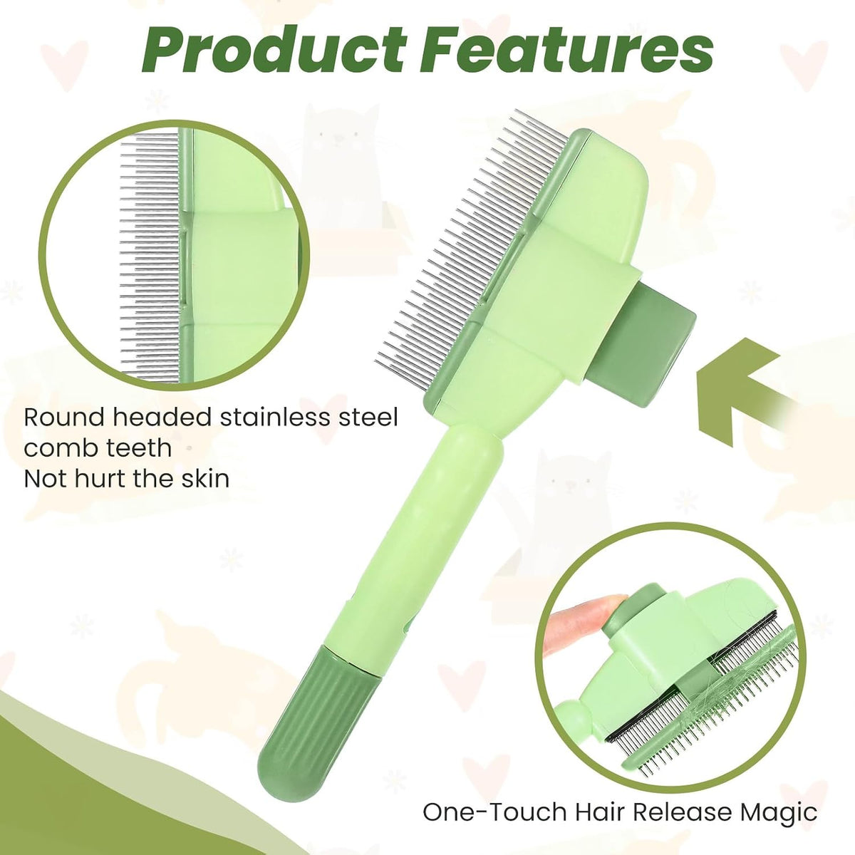 Demonstration of the one-touch hair release button on the pet hair removal tool.
