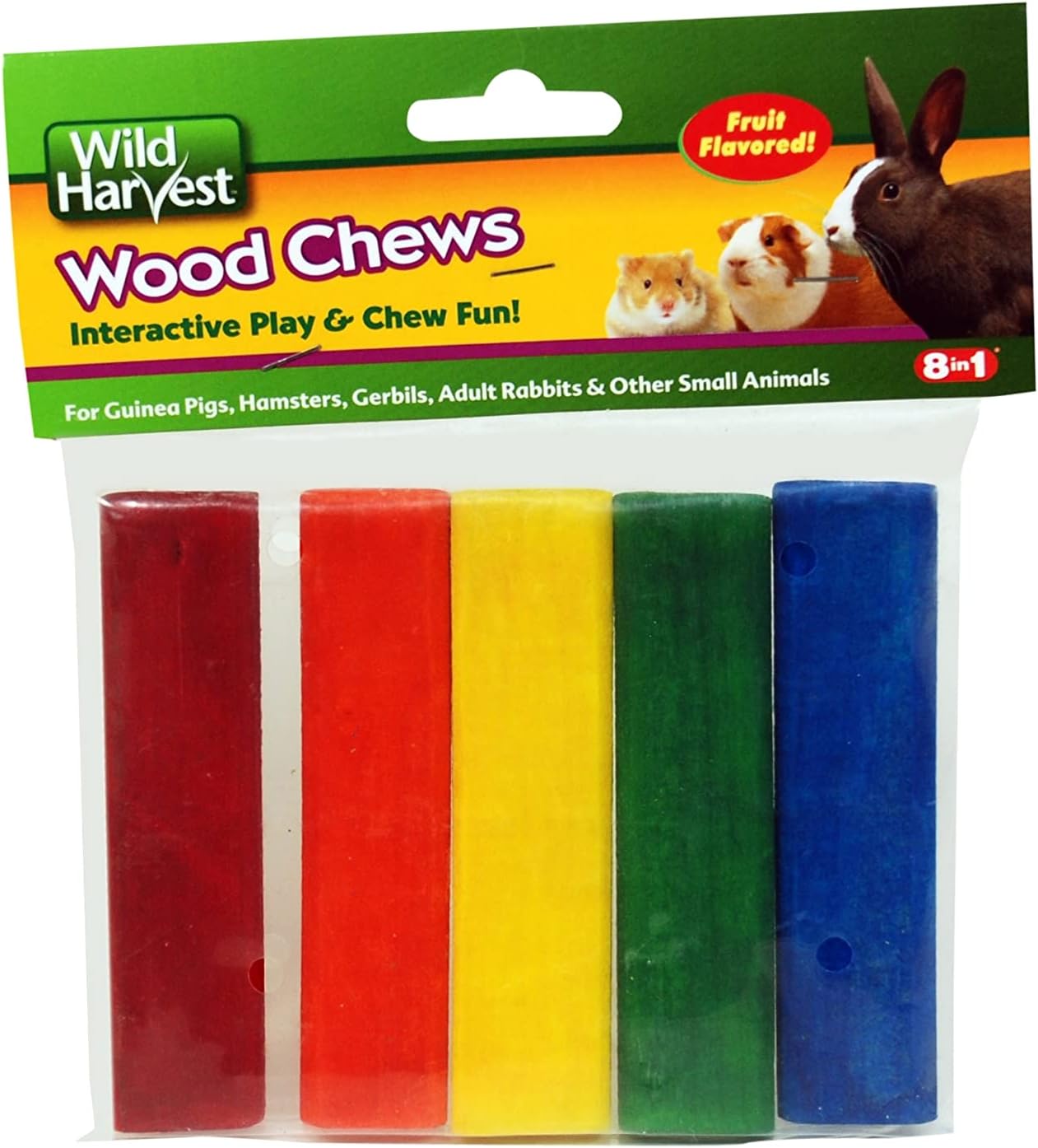Wild Harvest Colored Wood Chews for Small Animals five pack front view showing colorful fruit flavored dental sticks.