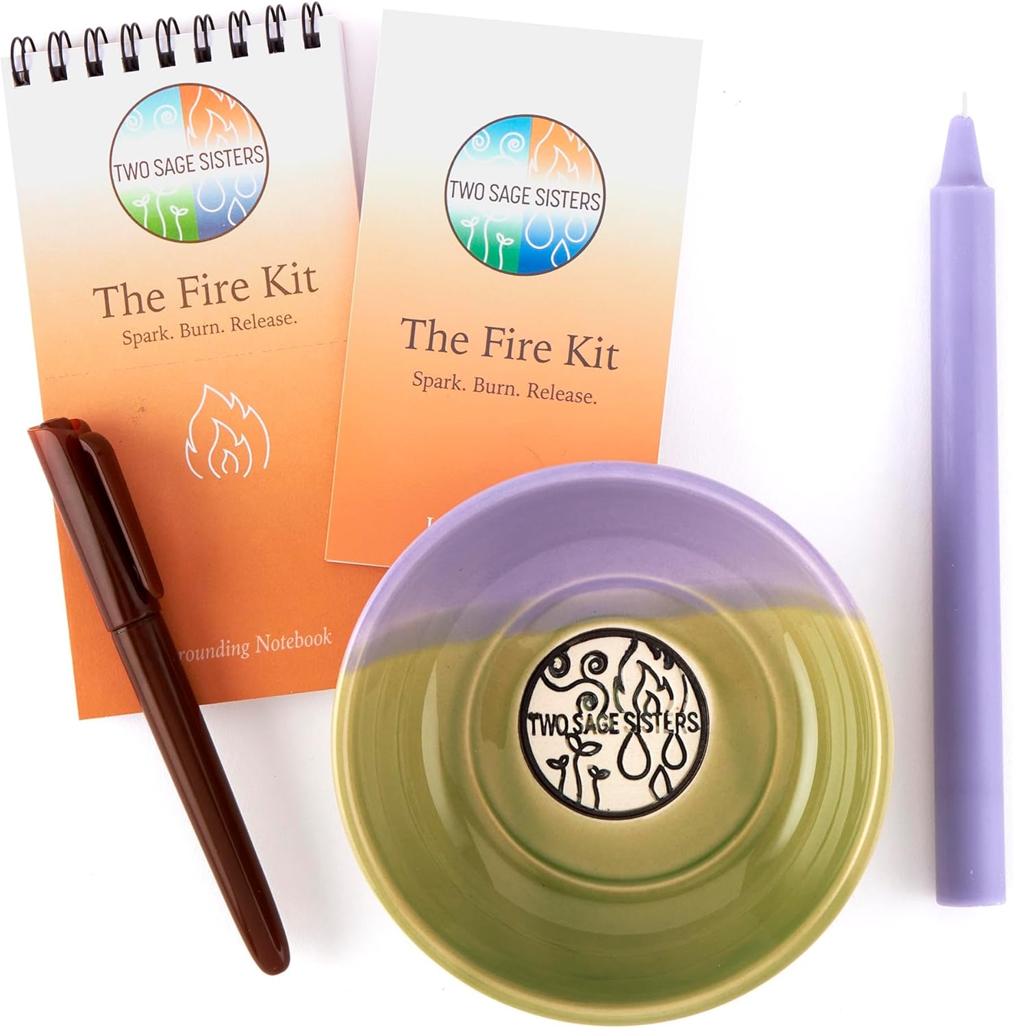 Two Sage Sisters Fire Kit front view with purple and green ceramic bowl.