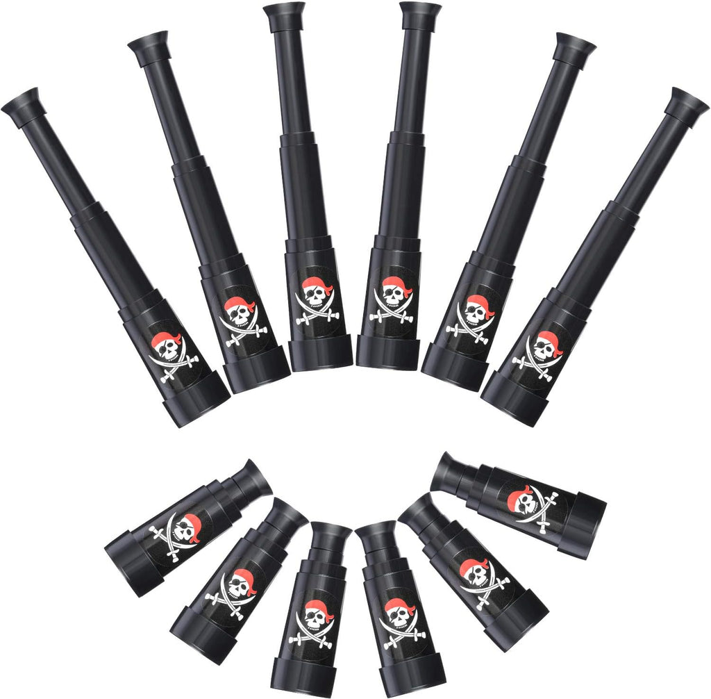 Gejoy plastic pirate telescope bulk pack front view showing the 12 piece collection with skull and crossbones design.
