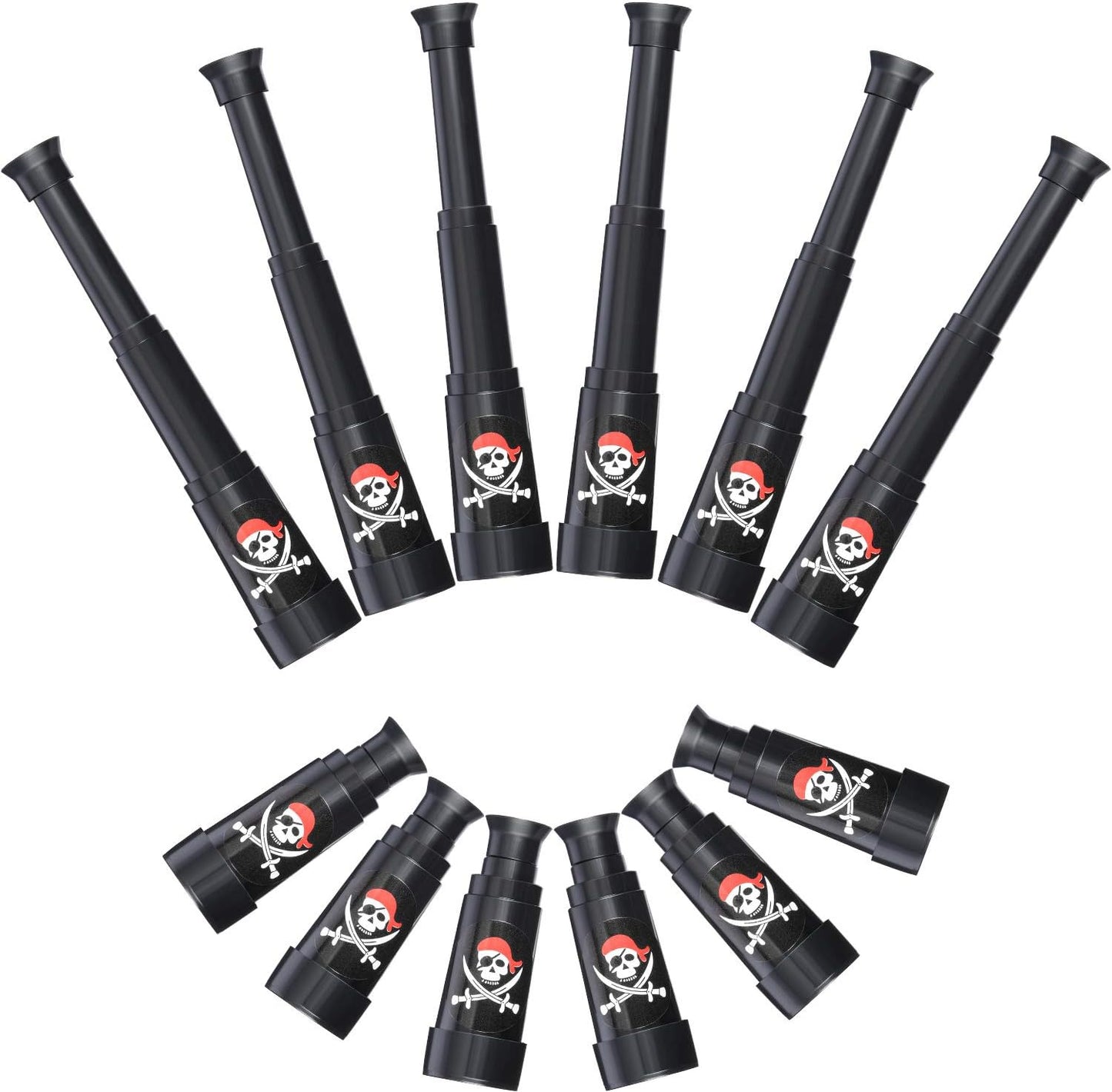 Gejoy plastic pirate telescope bulk pack front view showing the 12 piece collection with skull and crossbones design.
