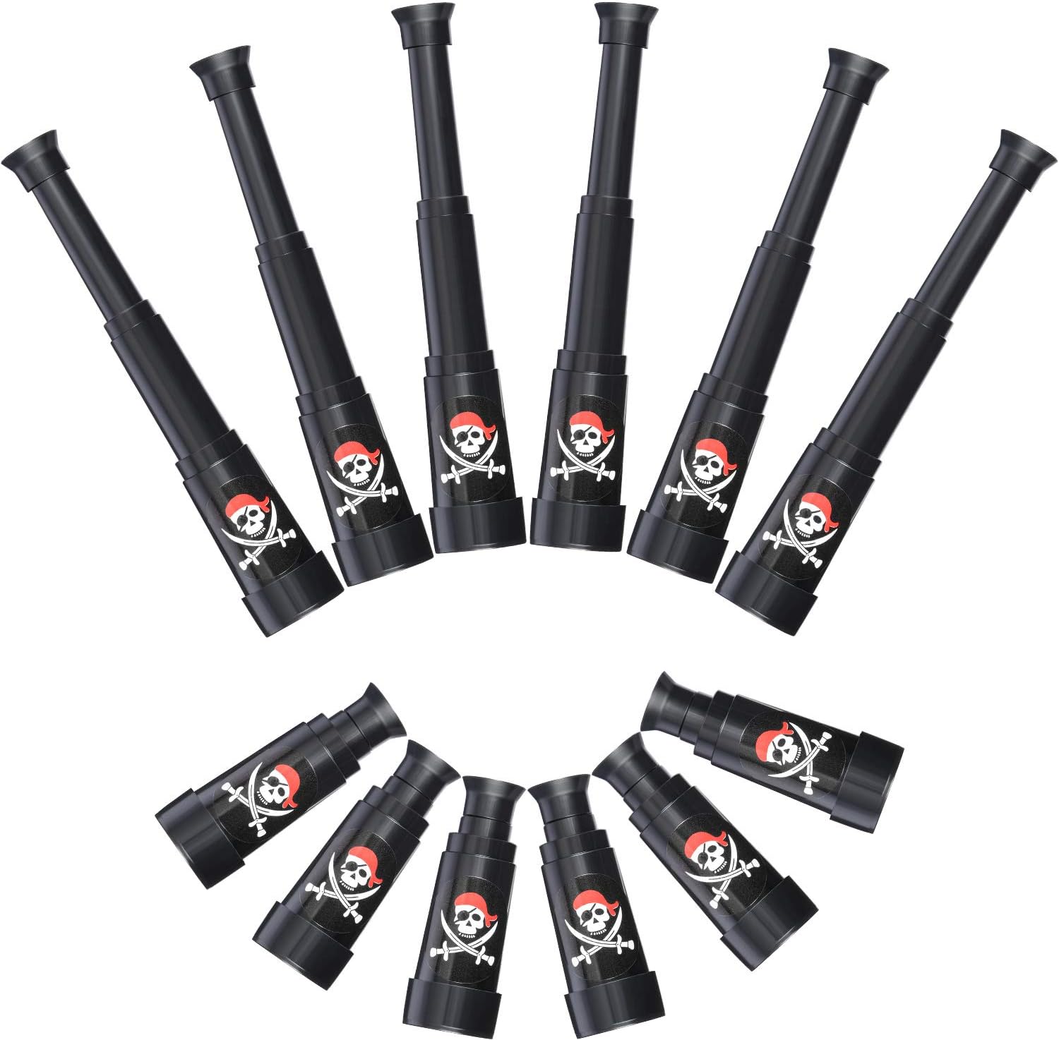 Gejoy plastic pirate telescope bulk pack front view showing the 12 piece collection with skull and crossbones design.
