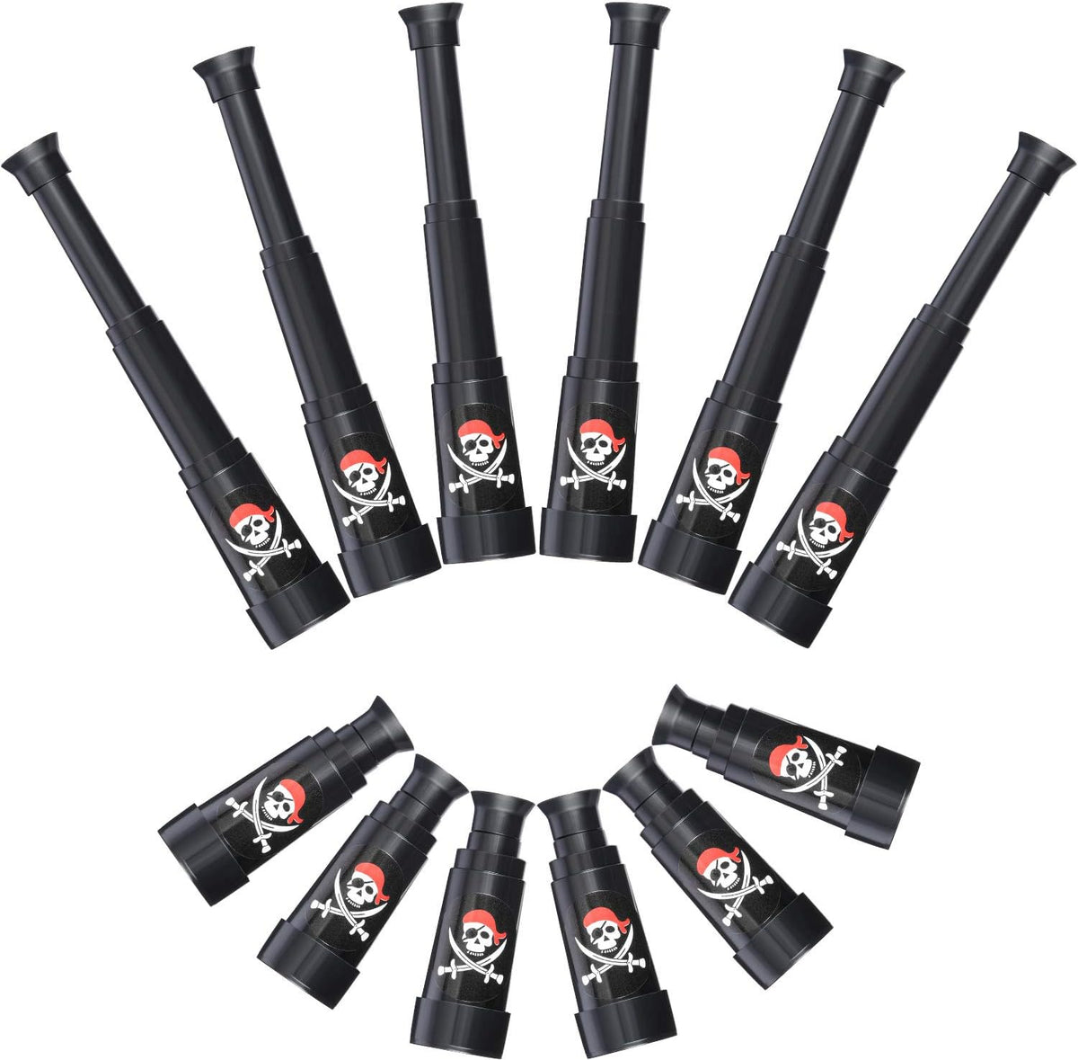 Gejoy plastic pirate telescope bulk pack front view showing the 12 piece collection with skull and crossbones design.