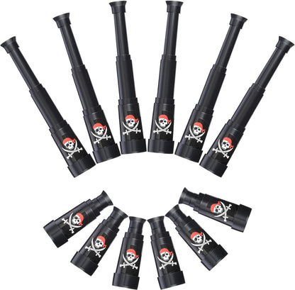 Gejoy plastic pirate telescope bulk pack front view showing the 12 piece collection with skull and crossbones design.