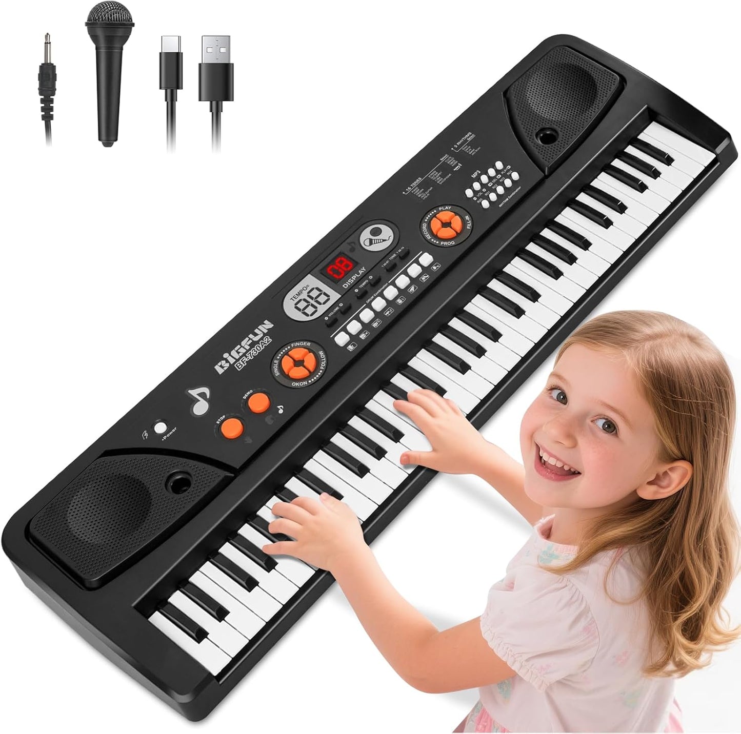 Drmukie 61 key kids electronic piano keyboard front view with microphone