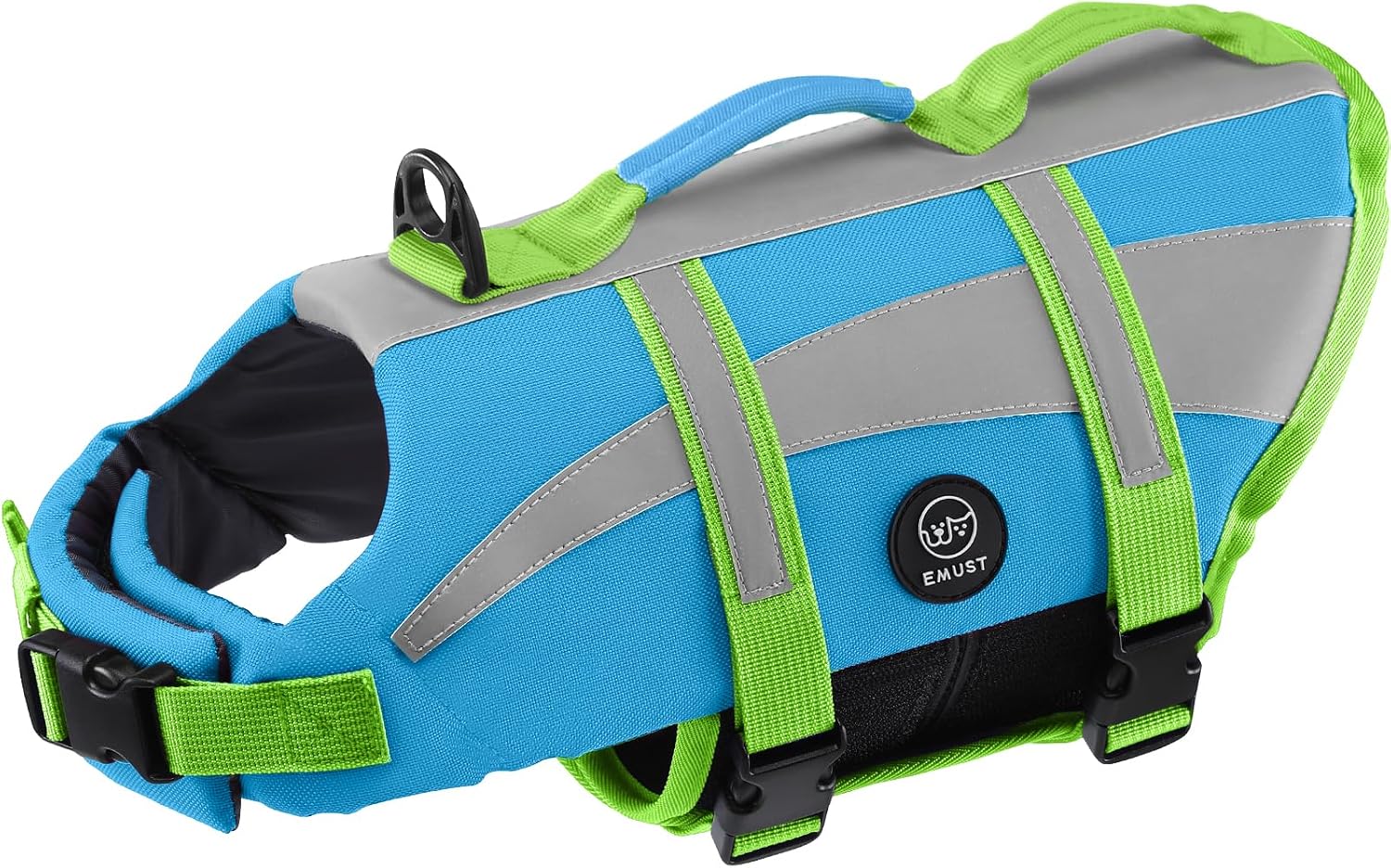 Packaging details and sizing overview for the authentic imported EMUST dog flotation vest.