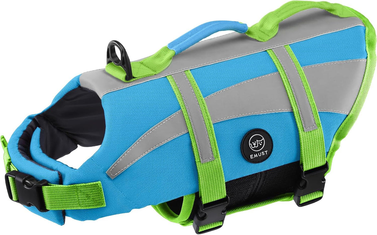Packaging details and sizing overview for the authentic imported EMUST dog flotation vest.