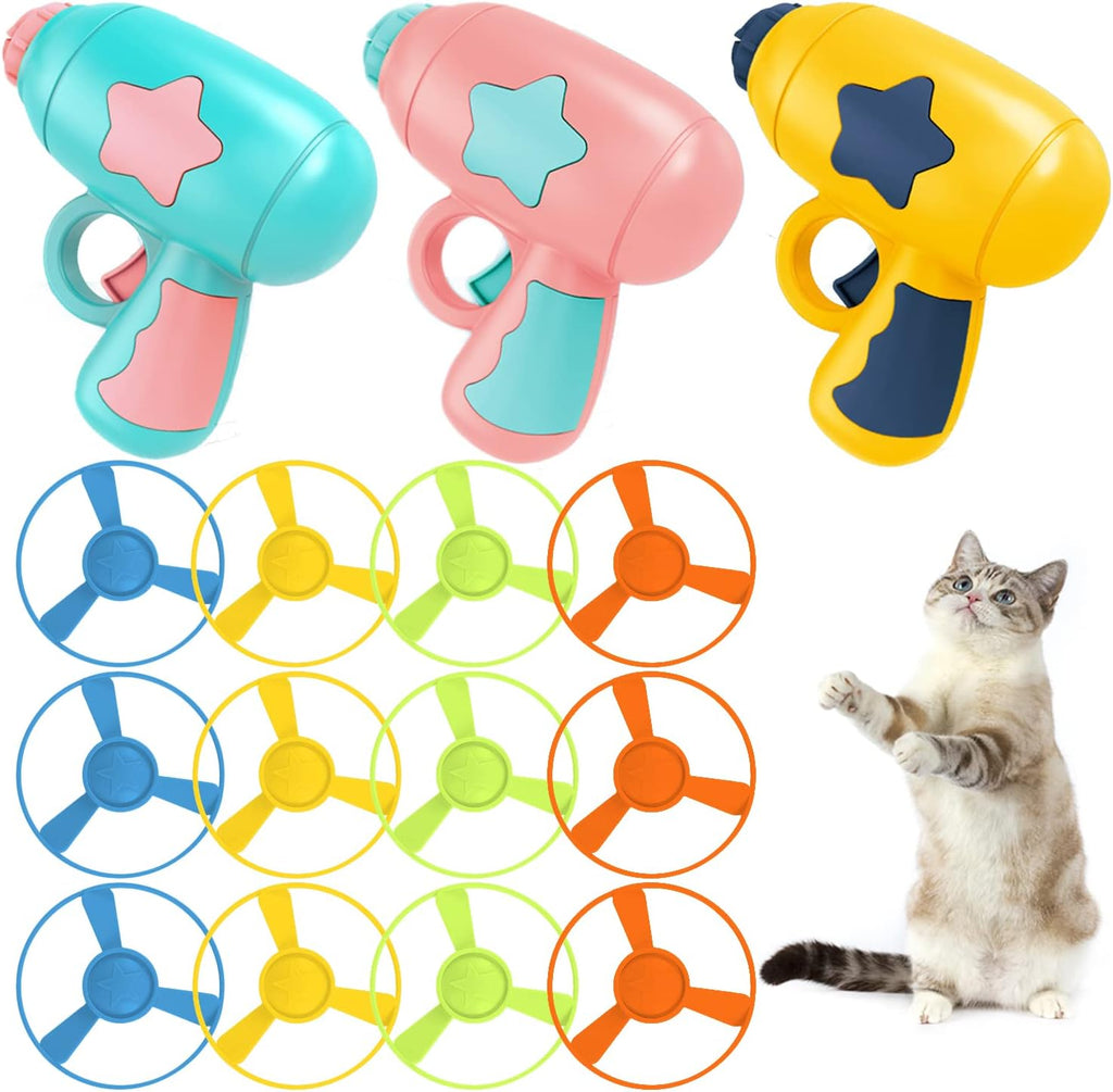 IAXSEE 15 Pieces Cat Fetch Toy front view featuring the handheld launcher and colorful flying propellers.