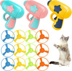 IAXSEE 15 Pieces Cat Fetch Toy front view featuring the handheld launcher and colorful flying propellers.