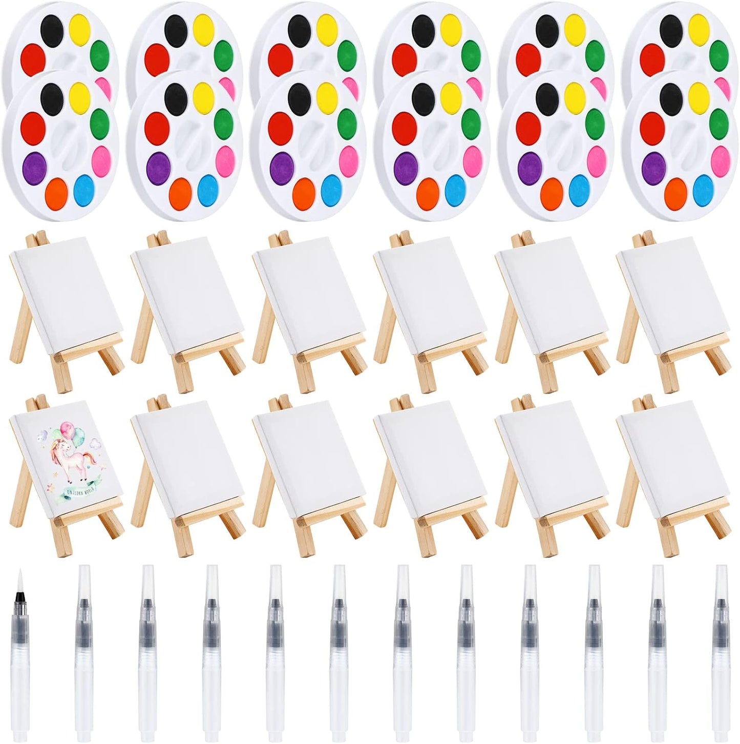 Zubebe mini watercolor paint set front view showcasing twelve individual art kits with canvases and palettes