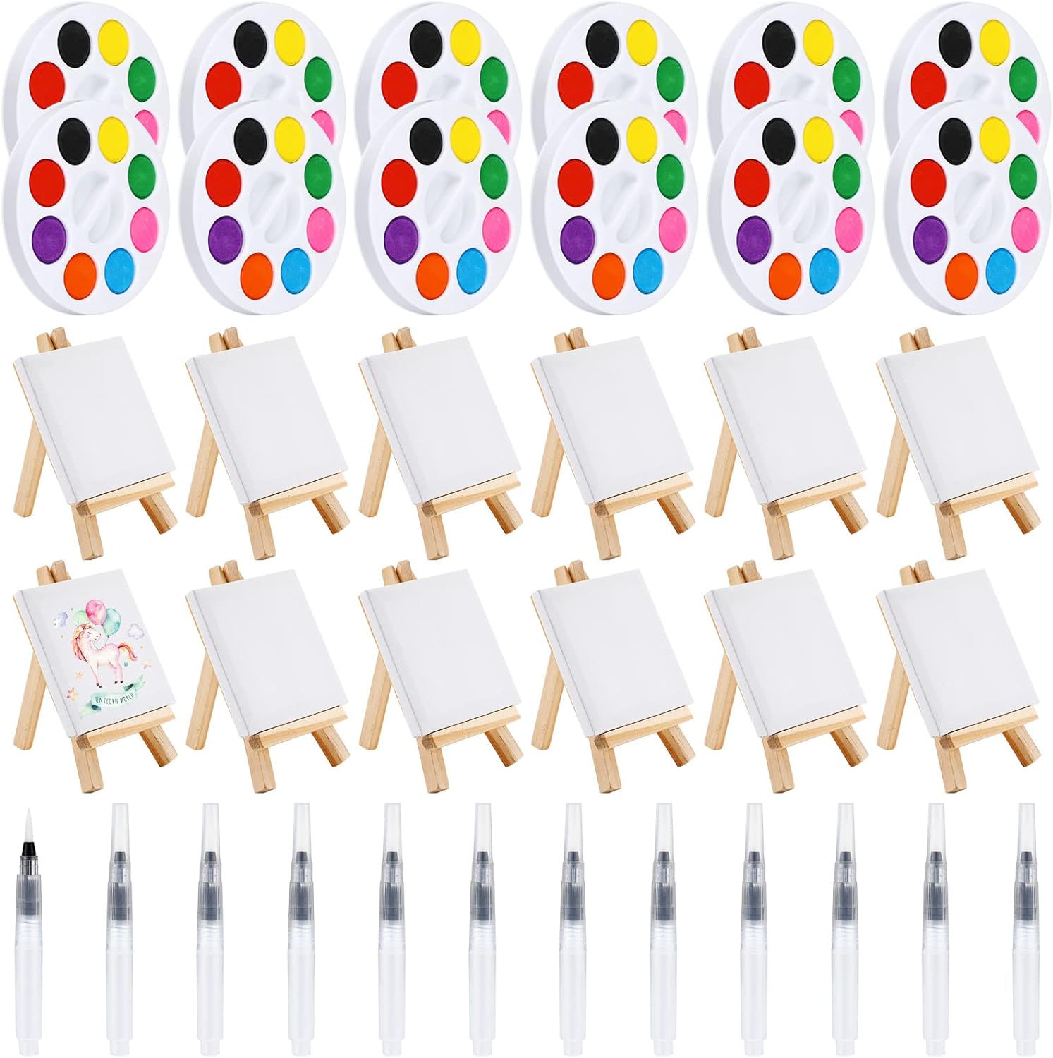 Zubebe mini watercolor paint set front view showcasing twelve individual art kits with canvases and palettes