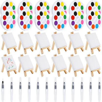 Zubebe mini watercolor paint set front view showcasing twelve individual art kits with canvases and palettes