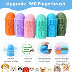 Pet owner using silicone finger toothbrush on a dog