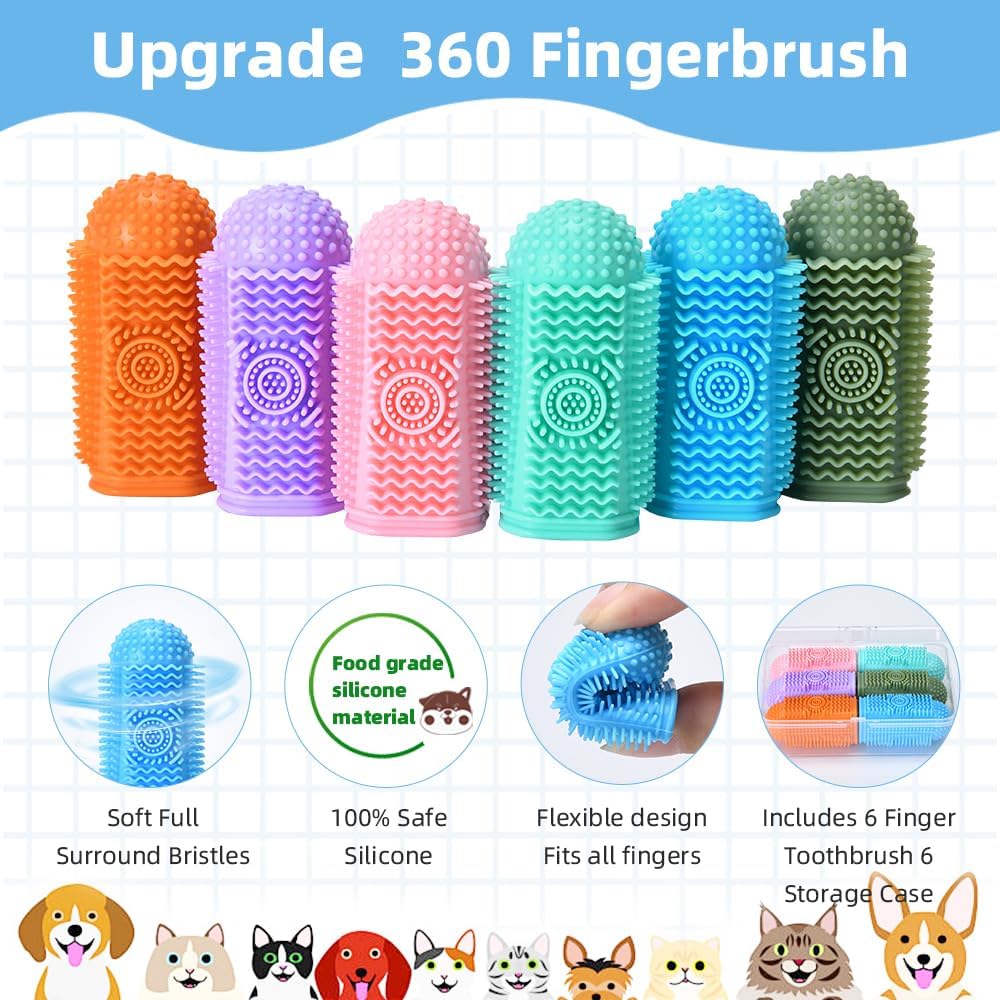 Pet owner using silicone finger toothbrush on a dog