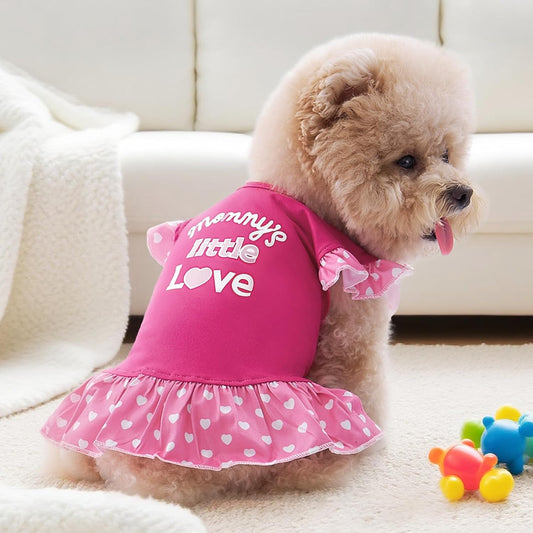 XPUDAC small dog clothing set showcasing four unique pink slogan dresses with ruffle details.
