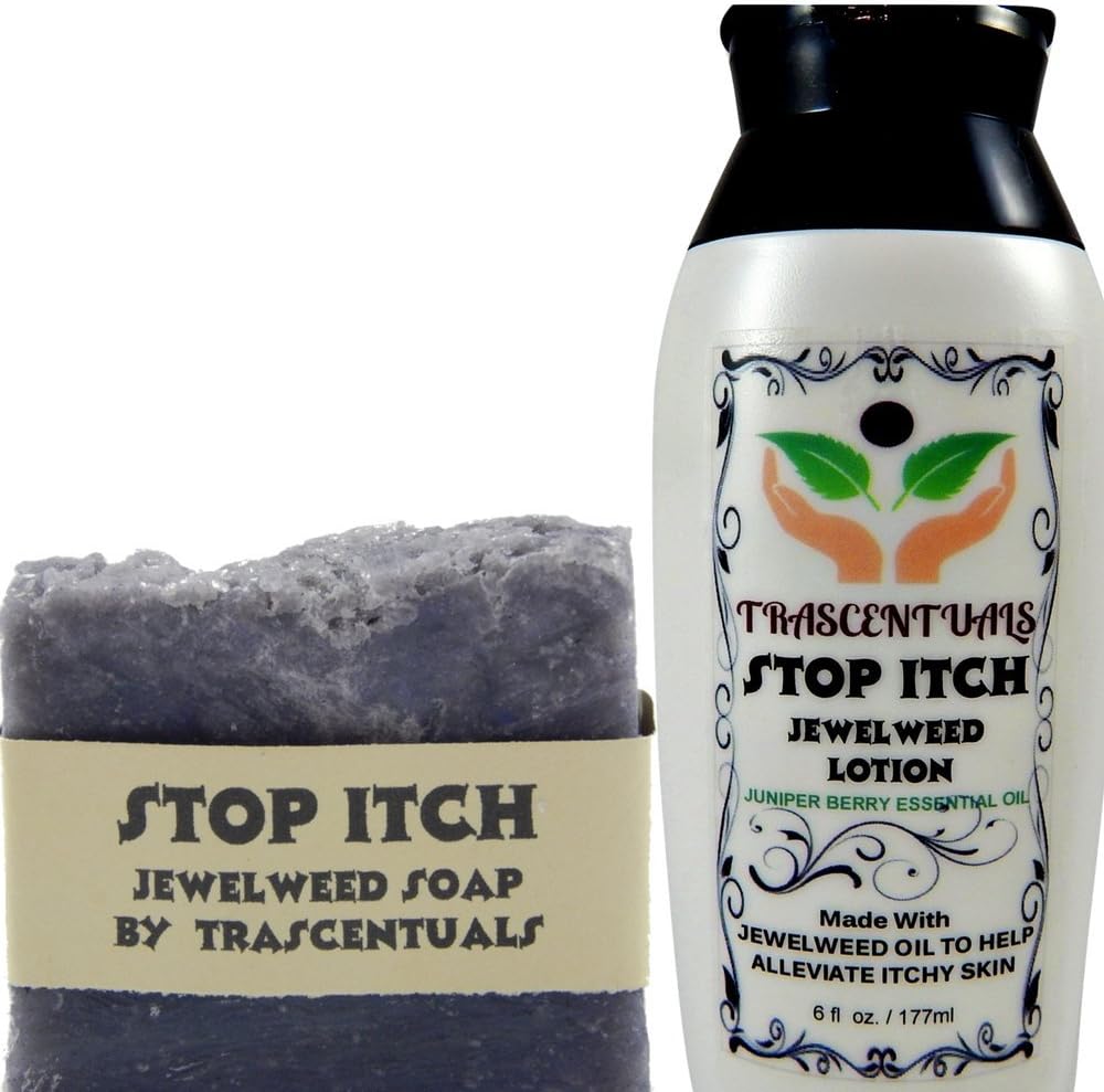 Trascentuals Stop Itch Combo Pack front view showing jewelweed lotion bottle and soap bar for natural itch relief.