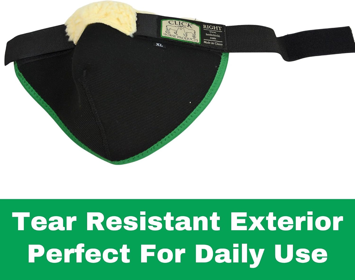 Click Hock Shield for horses demonstrating the flexible back pocket design for joint motion.