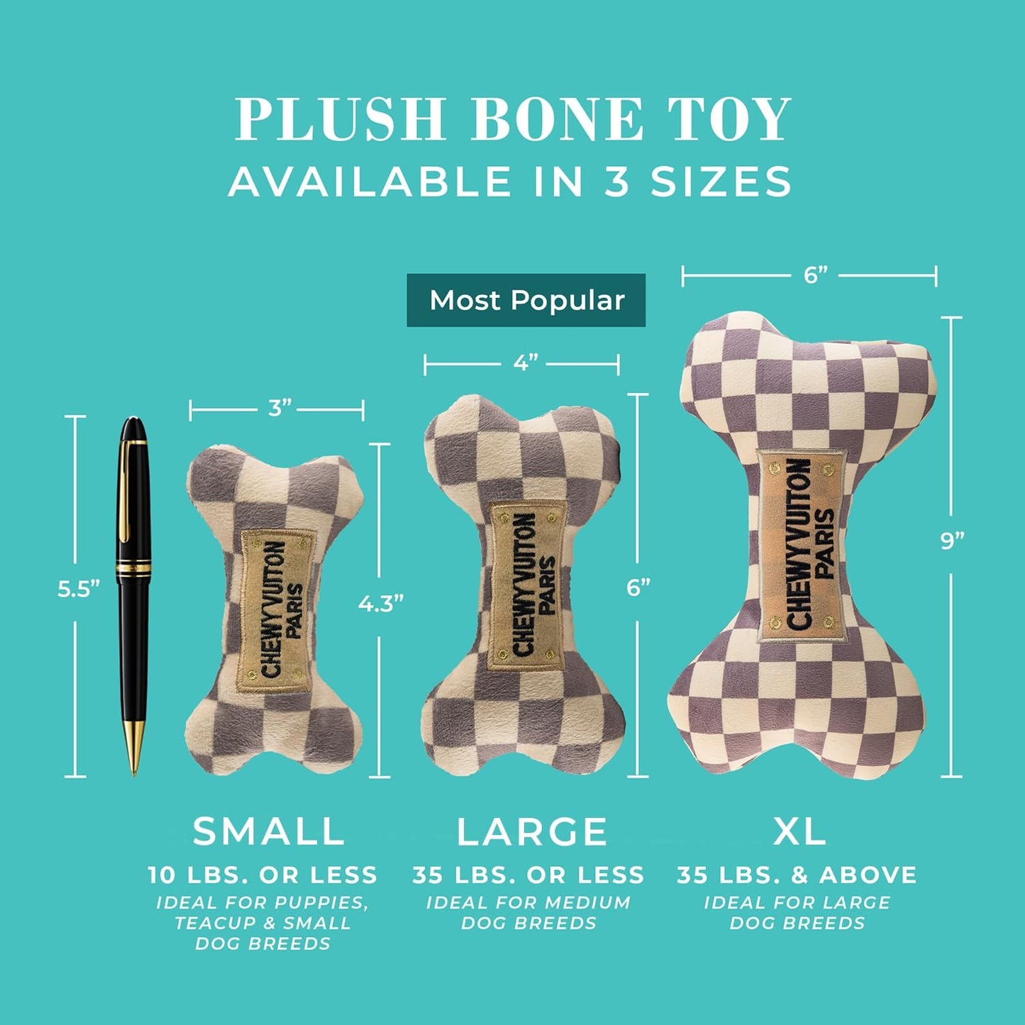 Designer inspired bone shaped squeaky puppy toy in tan checker