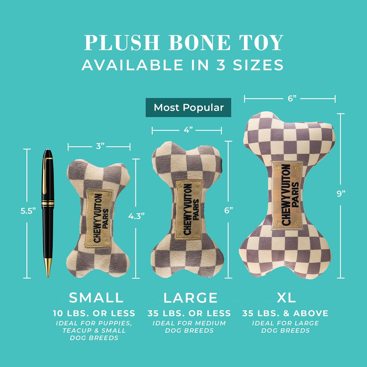 Designer inspired bone shaped squeaky puppy toy in tan checker