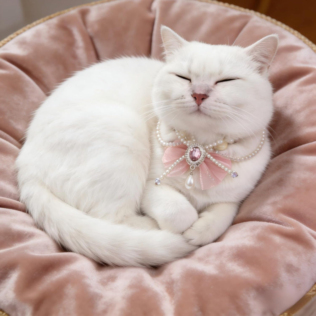 Close up view of the premium pink organza ribbon bow on a pet pearl collar.