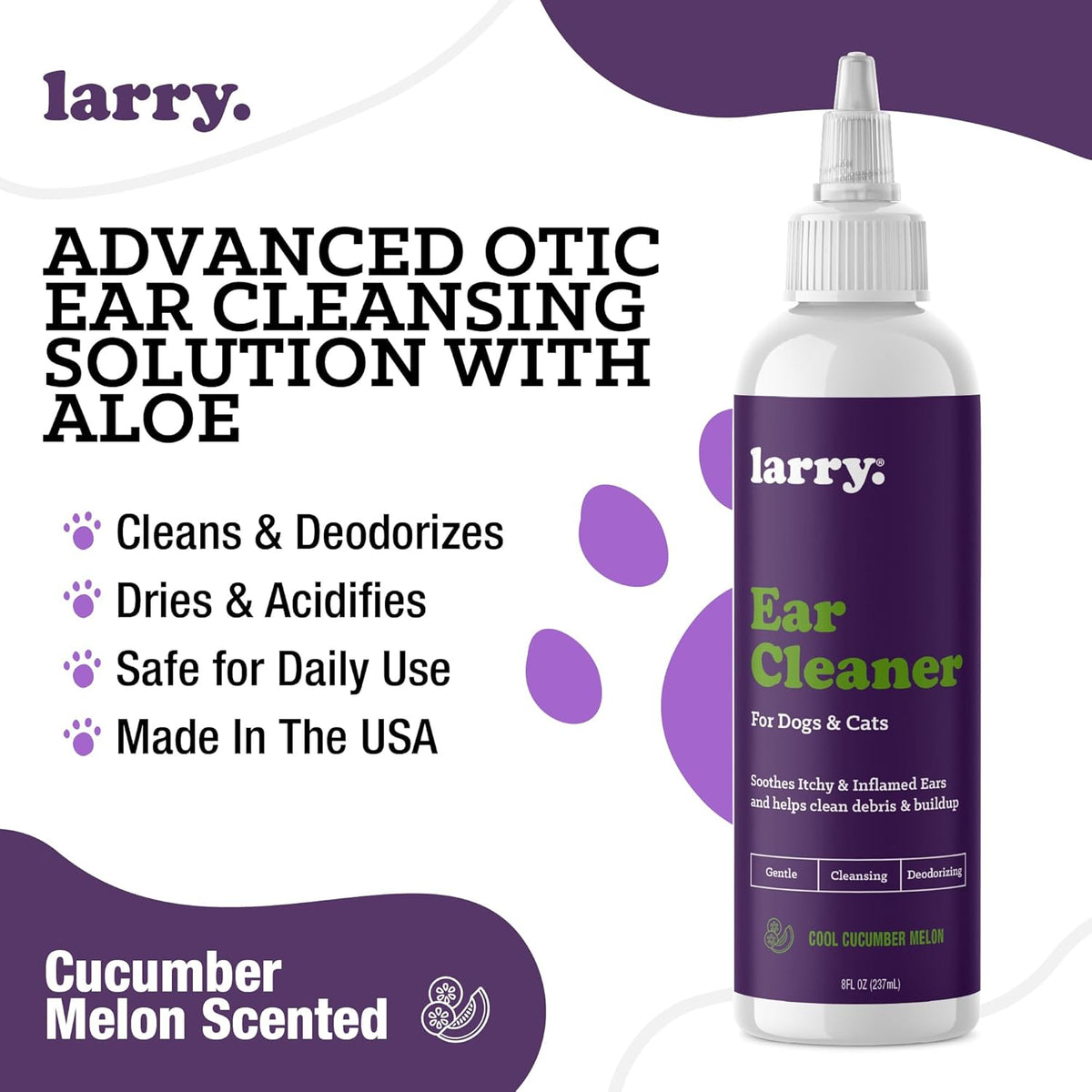 Larry pet ear wash bottle with cucumber melon scent branding