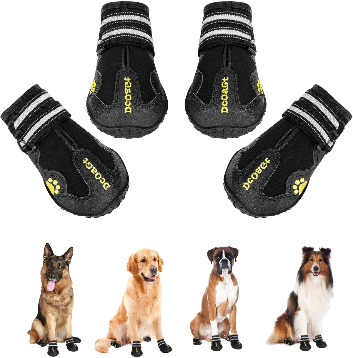 DcOaGt waterproof dog shoes displayed with packaging