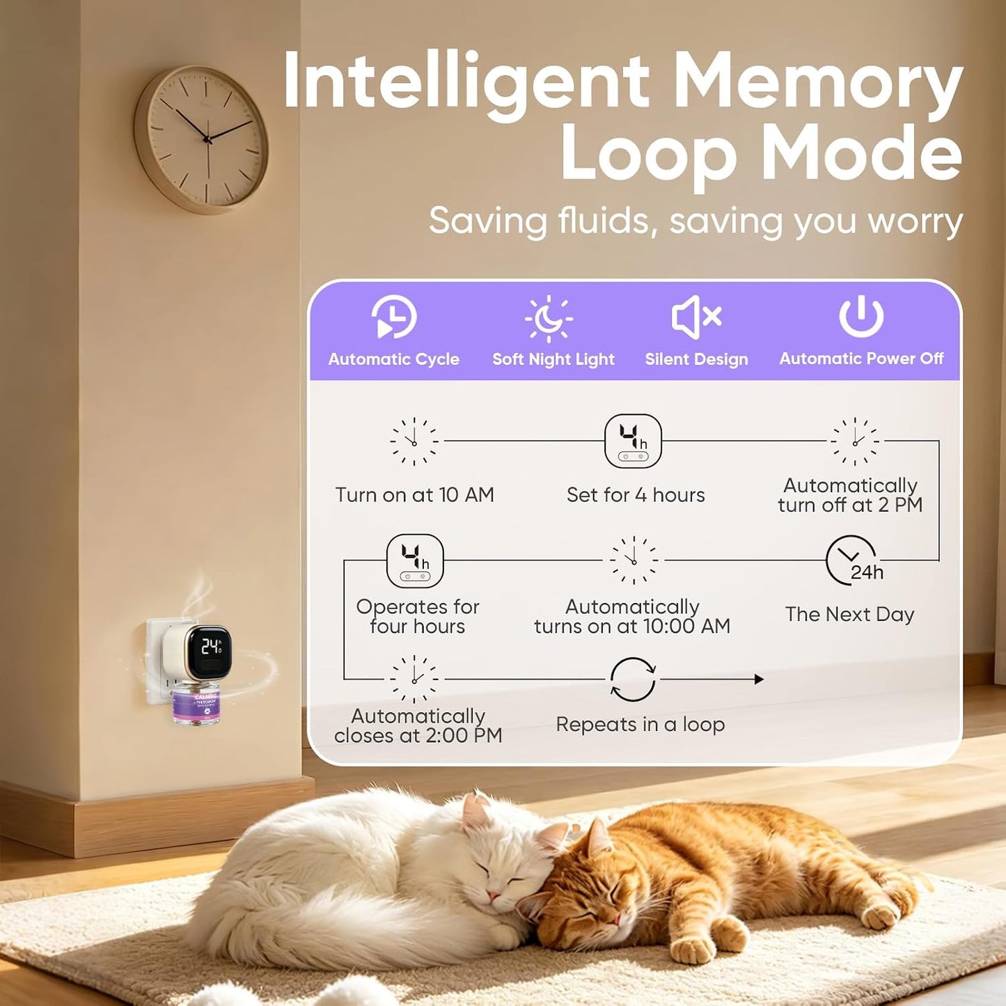 Multi cat household calming solution displaying feline pheromone diffusion setup