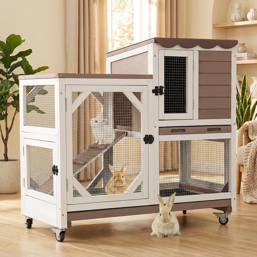 Aivituvin 39.3" Large 2-Story Rabbit Hutch, Indoor Outdoor Bunny Cage with Chew-Proof Ramp, Leak-Proof & Easy-to-Clean Tray, Lockable Wheels, for Rabbits & Guinea Pigs - Image 1