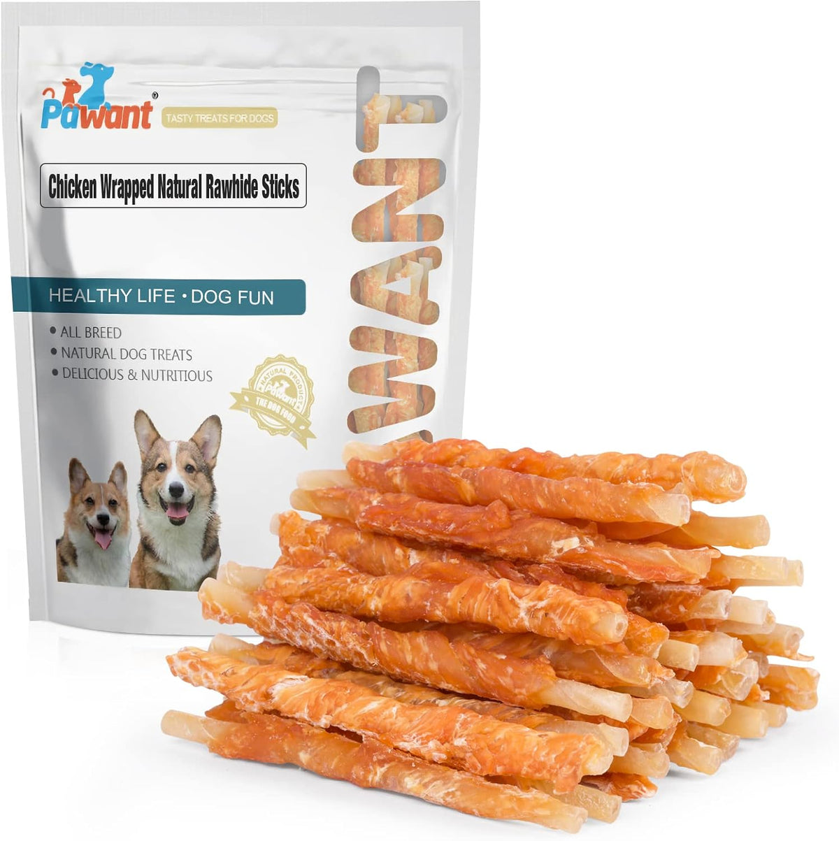 All natural chicken wrapped rawhide twist sticks displayed out of the bag.