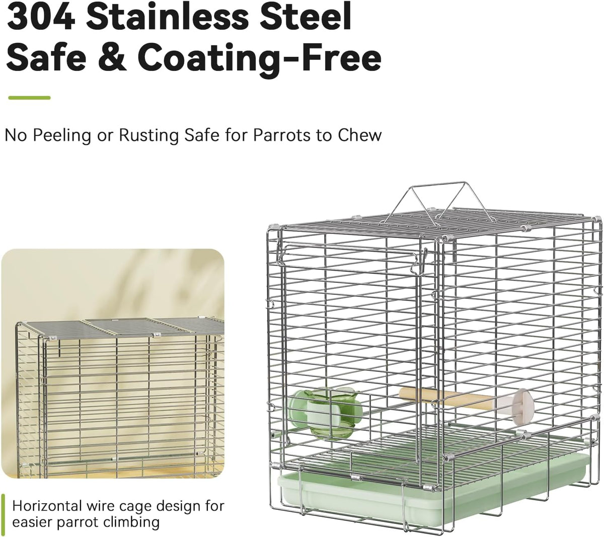 Bird Carrier Travel Cage - 304 Stainless Steel Portable Folding Bird Travel Cage with Parrot Feeder Cups & Standing Perch for Smaller Birds Conures Lovebird Cockatiel Parakeets (Green) - Image 6