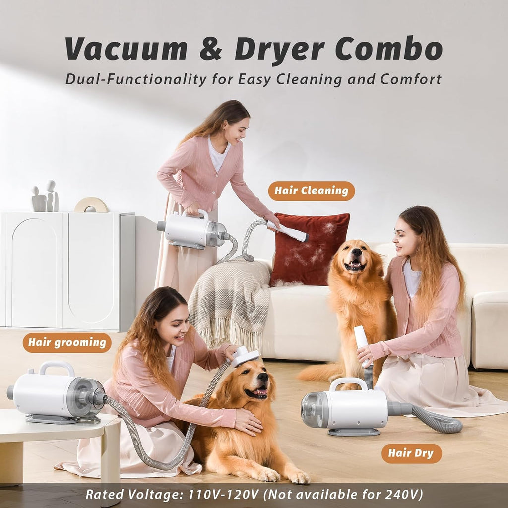 IKIMI pet hair vacuum showing the eight piece grooming attachments and electric clipper accessories.