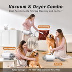 IKIMI pet hair vacuum showing the eight piece grooming attachments and electric clipper accessories.