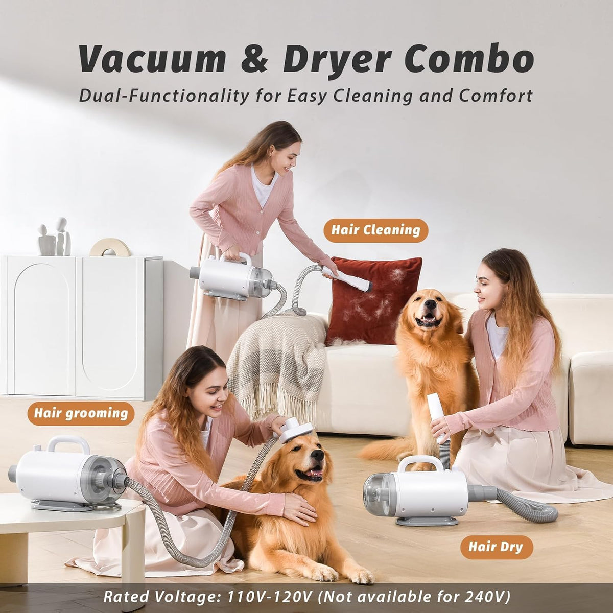 IKIMI pet hair vacuum showing the eight piece grooming attachments and electric clipper accessories.
