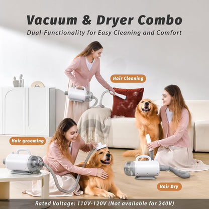 IKIMI pet hair vacuum showing the eight piece grooming attachments and electric clipper accessories.
