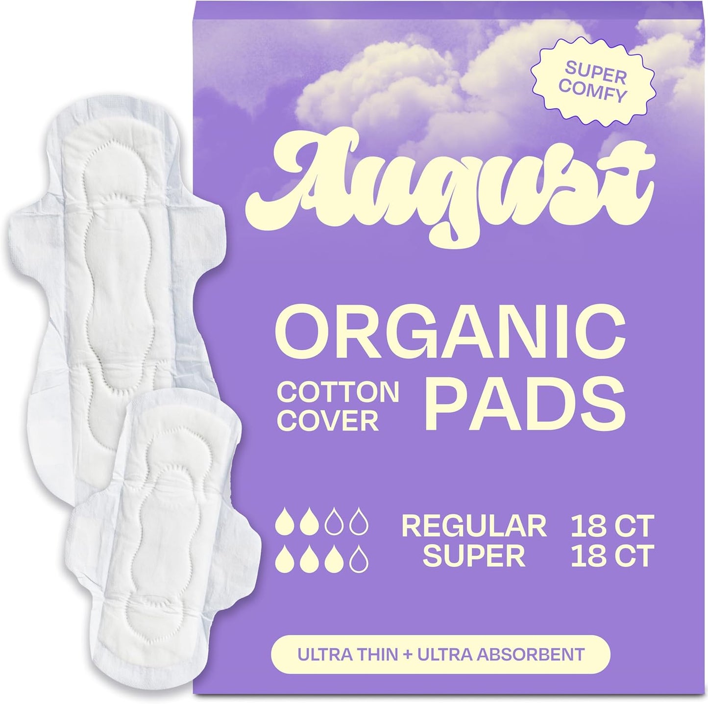 August Regular and Super Organic Cotton Pads 36 count front packaging view