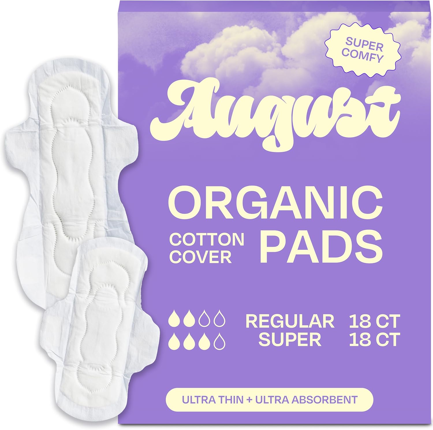 August Regular and Super Organic Cotton Pads 36 count front packaging view