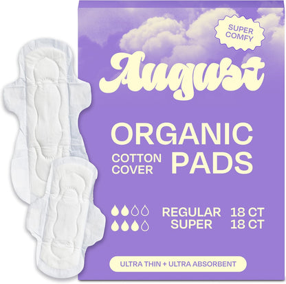 August Regular and Super Organic Cotton Pads 36 count front packaging view